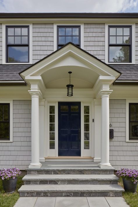 Colonial Bay Window Exterior, White Dutch Colonial Exterior, Adding Porch To Colonial House, Dutch Colonial Porch, Porch On Colonial House, Dutch Colonial Homes Interior Decor, Modern Colonial Front Porch, Garrison Colonial Portico, Front Portico Ideas