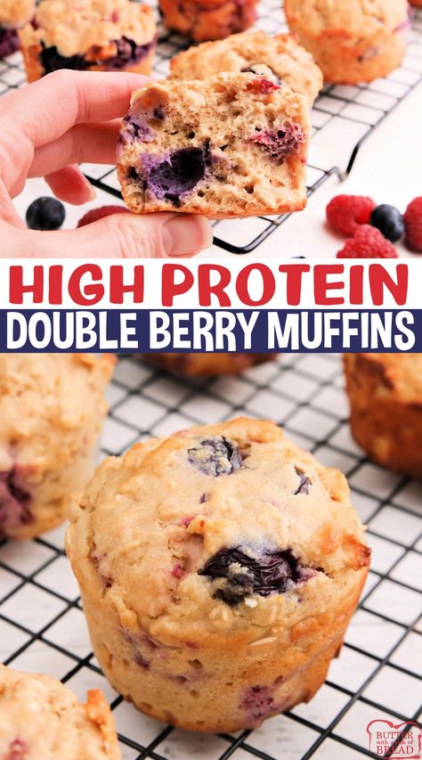 High Protein Double Berry Muffins are moist, sweet, full of blueberries and raspberries and also packed with protein. Each high protein muffin has 12 grams of protein! Protein Muffins Low Carb, Strawberry Blueberry Muffins, Protein Breakfast Muffins, High Protein Muffins, Blueberry Protein Muffins, Blueberries And Raspberries, Protein Muffin Recipes, Fruit Muffins, Protein Pancake Mix