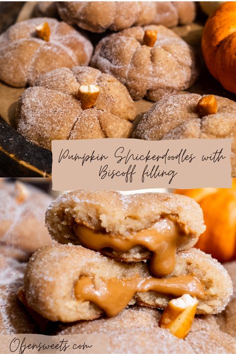 This cute, pumpkin shaped pumpkin snickerdoodle is soft and chewy and stuffed with Biscoff. It's a crowd pleaser for fall family gatherings and parties. Biscoff Pumpkin Cookies, Pumpkin Stuffed Cookies, Fall Stuffed Cookies, Pumpkin Shaped Desserts, Stuffed Snickerdoodles, Biscoff Filling, Pumpkin Shaped Cookies, Cottage Bakery, Pumpkin Snickerdoodles