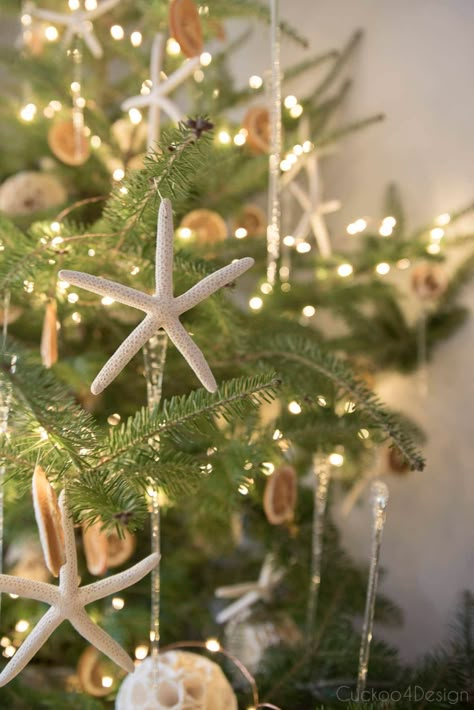 This tutorial shows how to make pretty and easy starfish ornaments with only three supplies for stunning Christmas tree decor with big impact. #beachChristmas #DIYornaments #affordableornaments Beach Home Christmas Decor, Nantucket Christmas Decor, Christmas On Beach, Beachy Christmas Aesthetic, Tropical Christmas Tree Ideas, Costal Christmas Tree Ideas, Costal Christmas Decor House, Beach House Christmas Tree, Summer Christmas Decor