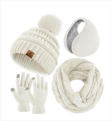 URATOT Winter Knitted Pompom Beanie Soft Gloves, Winter Knitwear, White Beanies, Pink Beanies, Winter Knit Hats, Cozy Scarf, Hat Scarf, Touch Screen Gloves, Ear Warmer