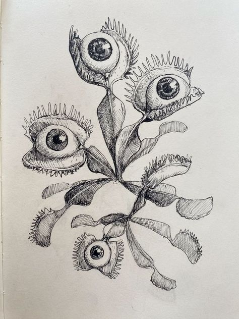 Mushroom Plant Tattoo, Eyeball Plant Drawing, Carnivores Plant Tattoo, Art With Different Mediums, Weird Flowers Drawing, Scary Flowers Drawing, Creepy Rose Drawing, Horror Flower Drawing, Weird Nature Art