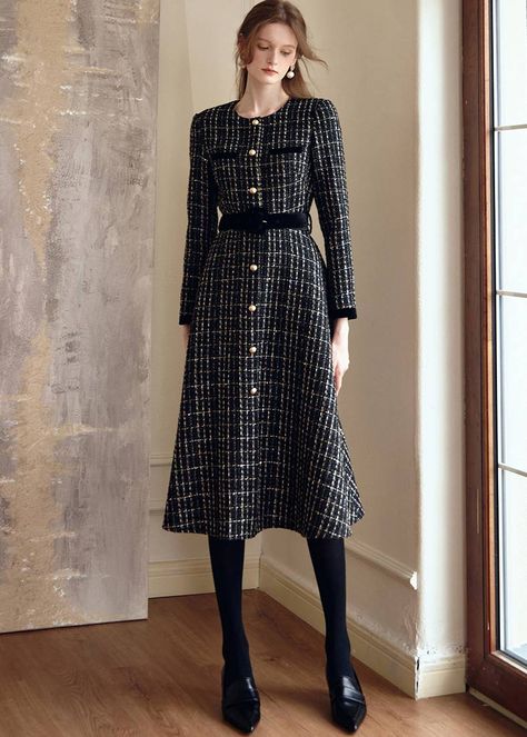 Indulge in luxury with the Shirley Black Long Sleeve Plaid Tweed Midi Dress. Made for sophisticated women who appreciate classic style, this midi dress features a chic plaid pattern and timeless tweed fabric. With long sleeves and a neckless design, it's the perfect addition to any fashionable wardrobe. Elevate your look with this exclusive dress. Long sleeves Neckless It comes with a belt Front buttons Back zip closure Fit-flare dress Item #472201 Long Sleeve Tweed Dress, Long Tweed Dress, Chanel Dress Gowns, Tweed Dress Outfit Classy, Burberry Dress Women, Womens Winter Dress, Tweed Dress Outfit, Girly Pose, English Dresses