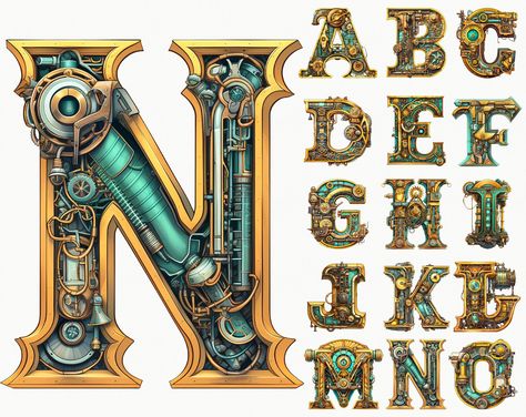 Steampunk Lettering, Steampunk Writing, Steampunk Typography, Steampunk Alphabet, Vintage Alphabet Letters, Steampunk Font, Industrial Font, Name Art Projects, Rgb Color Codes