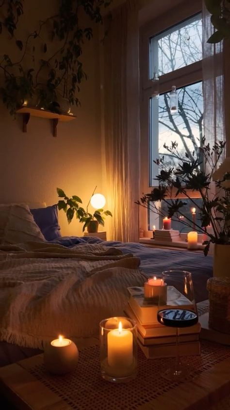 Cozy and Aesthetic Bedroom with Plants Candles Aesthetic Bedroom, Candles In Bedroom, Room Decor For Christmas, Bedroom With Plants, Candle Bedroom, Enchanting Bedroom, Luxury Room Decor, Cozy Rooms, Bedroom Candles