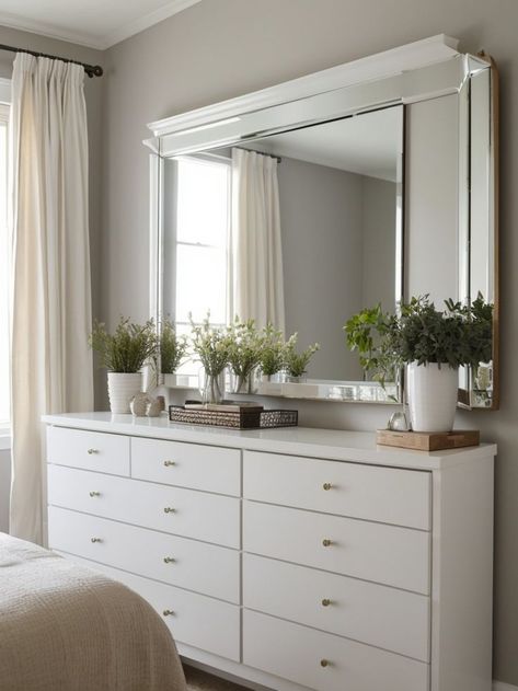 Dresser With Vanity Mirror, Square Mirror Over Dresser, Top Organization Ideas, Dresser Wall Decor, Bedroom Dresser With Mirror, Dresser Top Organization Ideas, Dresser Top Organization, Minimalist Dresser, Bedroom Vanity Desk