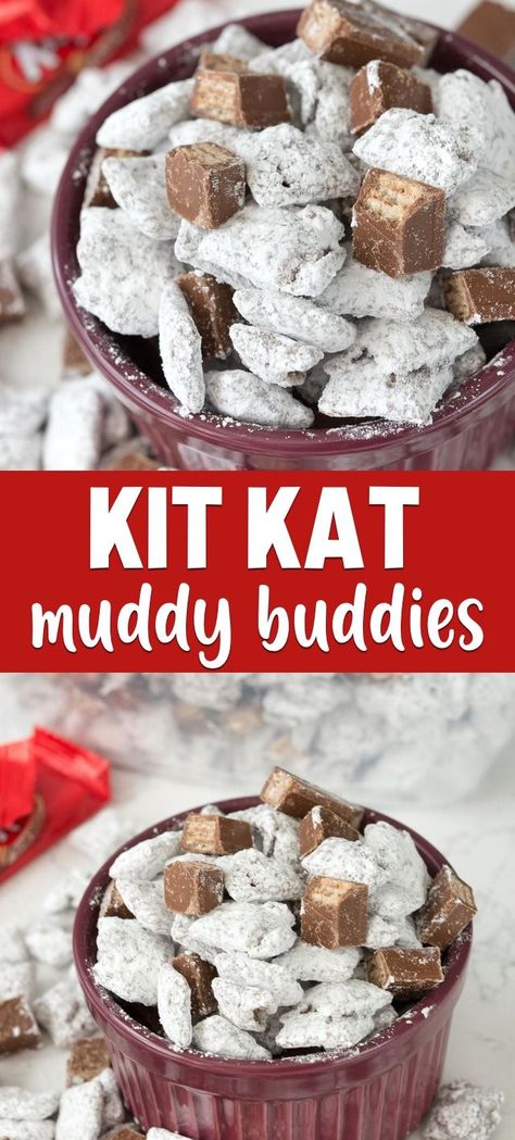 With only 5 ingredients these Kit Kat Muddy Buddies are an easy sweet Chex Mix everyone is addicted to. This is one of our favorite puppy chow flavors - without peanut butter! Easy Puppy Chow, Chex Mix Muddy Buddies, Puppy Chow Snack, Puppy Chow Cookies, Chex Mix Recipes Original, Sweet Chex Mix, Sweet Chex, Puppy Chow Chex Mix Recipe, Chex Mix Puppy Chow