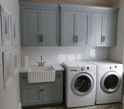 puritan gray laundry benjamin moore paints House Laundry Room, Laundry Room/mud Room, Basement Laundry Room, Dream Laundry Room, Basement Laundry, Farmhouse Laundry, Herringbone Backsplash, Laundry Room Cabinets, Laundry Room Inspiration