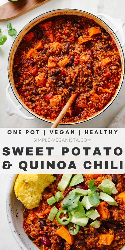 Sweet Potato Quinoa Chili, Quinoa Chili Recipe, Burger Vegetarian, Sweet Potato Quinoa, Vegan Chili Recipe, Healthy Sweet Potato, Slow Cooker Sweet Potatoes, Quinoa Chili, Vegan Slow Cooker