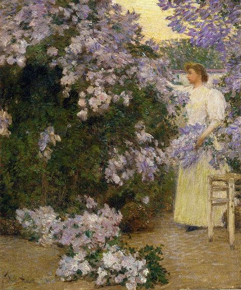 Hassam, Frederick Childe - Mrs. Hassam in the Garden, 1896.  I don't know what all the lavender flowers are, but they're heavenly. Climbing roses? A wisteria at top right? I don't think those would be blooming at the same season. Childe Hassam Paintings, Frederick Childe Hassam, Monet Garden, American Impressionism, Childe Hassam, William Turner, John Singer Sargent, Garden Painting, East Hampton