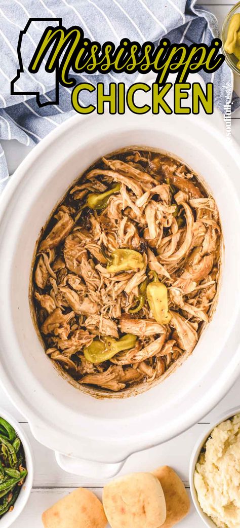 A slow cooker crockpot bowl with shredded Mississippi Chicken ready to serve. Banana Pepper Chicken Crock Pot, Ranch Pepperoncini Chicken, Chicken And Pepperchini, Banana Pepper Chicken, Crockpot Chicken With Pepperoncini, Chicken Pepperoncini, Pepperoncini Chicken Crock Pot, Pepperchini Recipes, Peppercinis Recipes