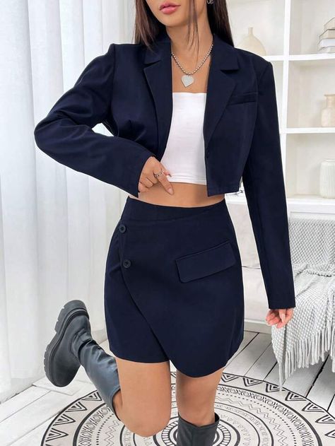 SHEIN EZwear Lapel Neck Crop Blazer & Flap Detail Wrap Skort | SHEIN USA Wrap Skort, Navy Blue Blazer, Crop Blazer, Fall Essentials, Suits For Women, Women Clothing, Navy Blue, Blazer, Navy