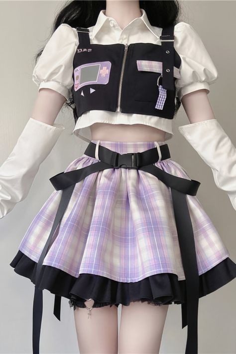 Video Game White Detachable Sleeves Shirt / Plaid Pattern Purple Skirt with Belt / Black Cropped Top Peony Aesthetic, Street Outfits, Aesthetic Streetwear, Concept Clothing, Dress Design Sketches, Kawaii Fashion Outfits, Japanese Outfits, Fairy Grunge, Grunge Style