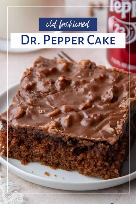 Get double the Dr. Pepper flavor with this homemade Dr. Pepper Cake, topped with a fudge-like Dr. Pepper frosting. Homemade Dr Pepper, Cherry Dr Pepper, Dr Pepper Cake, Fudgy Cake, Cola Cake, Chocolate Mayonnaise Cake, Sheet Cake Recipes, Warm Chocolate, Best Cake Recipes