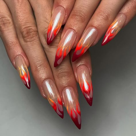 Red Chrome Flame Nails, Chrome Fire Nails, Red Flame Nail Designs, Fire Design Nails, Nail Flames, Red Dragon Nails, Red Flame Nails, Hard Nail Designs, Flame Nail Designs