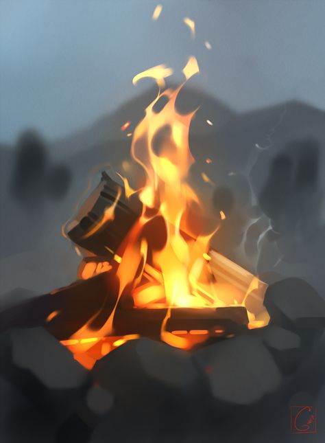 Campfire Concept Art, Bonfire Sketch, Bonfire Drawing, Drawing Of Fire, Campfire Lighting, Bonfire Painting, Campfire Drawing, Fire Sketch, Fire Aesthetic