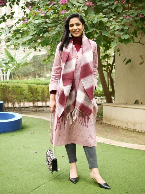 Shoes For Kurti Women, Winter Kurta Style For Women, Office Looks For Women Indian Winter, Styling Kurta In Winter, Winter Wear Indian Outfits, Winter Outfits For Indian Women, Prerna Chhabra Outfits, Woolen Kurtis Design Winter Indian, Winter Suits For Women Indian Casual