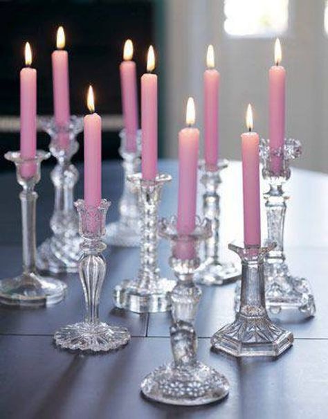 Colored Candles, Christmas In Pink, Dreaming Of A Pink Christmas, Inexpensive Decor, A Pink Christmas, Coloured Candles, Cupcake Stands, Crystal Candlesticks, Crystal Candle Holder