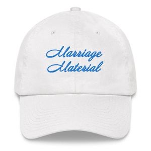 Blue Marriage Material Hat for Brides and Wives!!! Cheap Personalized Blue Hats, Personalized White Baseball Cap Trucker Hat, Bridal Trucker Hats, Blue Trucker Hat With Embroidered Logo, Mr And Mrs Baseball Hats, Marriage Material, Bachelorette Outfits, Baseball Hats, Baseball