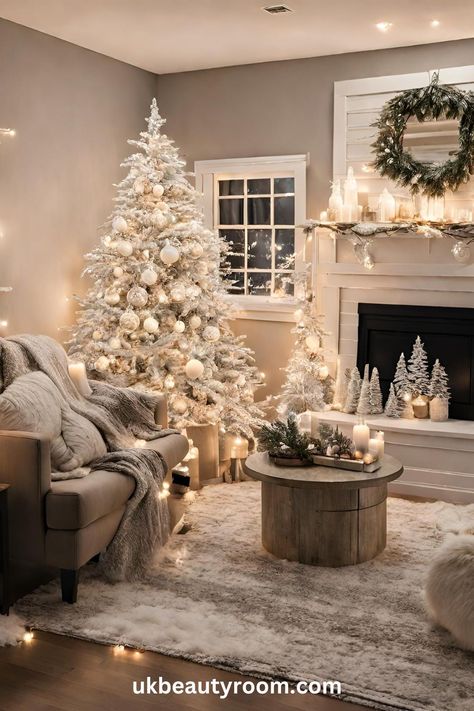 Neutral Christmas Front Porch, Farmhouse Door Decor, White Christmas Decor Tree, Warm White Christmas, Diy White Christmas Decor, All White Christmas, Christmas Decor Ideas For The Home, White Christmas Theme, Winter Decoration