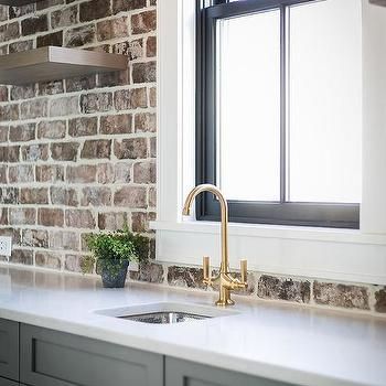 Kitchen Pantry Exposed Brick Wall Design Ideas Brick Wall Kitchen Ideas, Wall Kitchen Ideas, Kitchen With Brick Wall, Kitchen Brick Wall, Shaker Pantry, Kitchen Brick, Brick Wall Kitchen, Brick Wall Ideas, Quartz Worktop