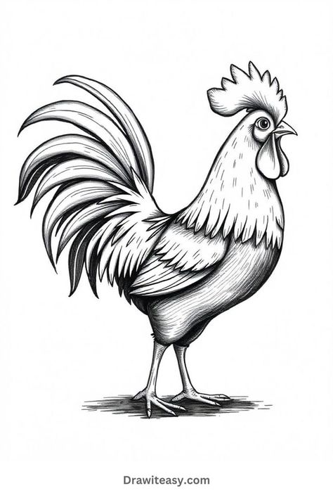 A detailed drawing of a rooster with intricate, flowing tail feathers and a proud stance. Chicken Sketch Easy, Line Art For Beginners, Hen Sketch, Chicken Character Design, Simple Chicken Drawing, Rooster Sketch, Cute Chicken Drawing, Chicken Sketch, Chicken Drawings