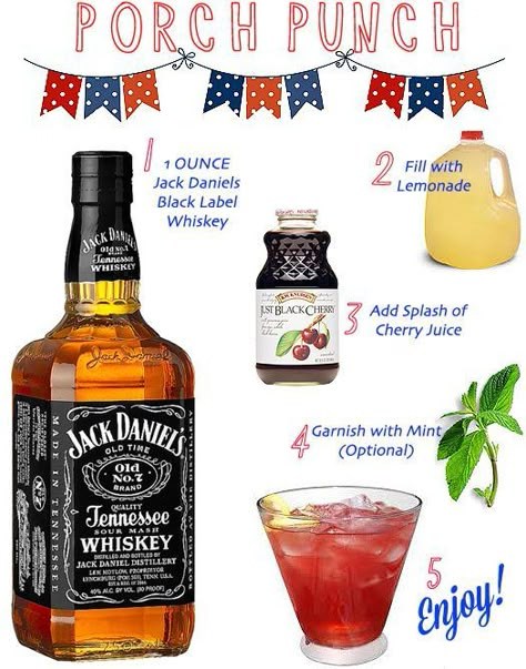 "porch punch" - bourbon, lemonade & cherry juice make for a perfect summertime cocktail. Porch Punch, Jack Daniels Lemonade, Bourbon Lemonade, Jack Daniels Drinks, Summertime Cocktail, Bourbon Drinks, Liquor Drinks, Boozy Drinks, Whiskey Drinks