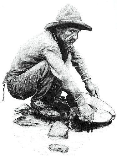 An old time prospector in a typical panning position California Gold Rush Activities, Gold Rush Activities, New Mexico History, Panning For Gold, California Gold Rush, Gold Miners, Gold Prospecting, California History, California Gold