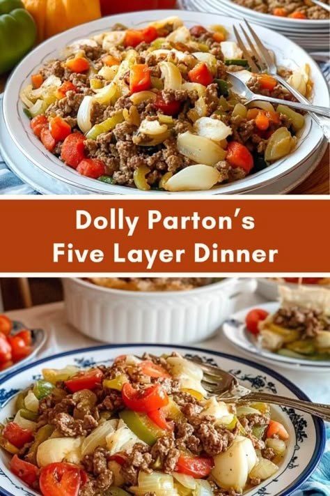 Dolly Parton’s Five Layer Dinner Dolly Parton Recipes Families, Dolly Parton Casserole Recipe, Dolly Parton's 5 Layer Casserole, Dolly Pardon Five Layer Dinner, Dolly Partons Stampede Soup, Dolly Partons Creamy Vegetable Soup, Dolly Parton’s Five Layer Dinner, Dolly Parton Cookbook, Dolly Parton Recipes