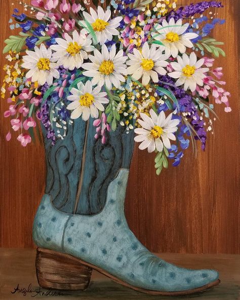 FREE Acrylic Tutorial #painting #cowboyboots #daisies Cowgirl Boot with Wildflowers Painting for Beginners Western Painting Canvas, Angela Anderson, Tutorial Painting, Rustic Painting, Farmhouse Paintings, Western Paintings, Acrylic Painting Lessons, Painting Party, Canvas Paint