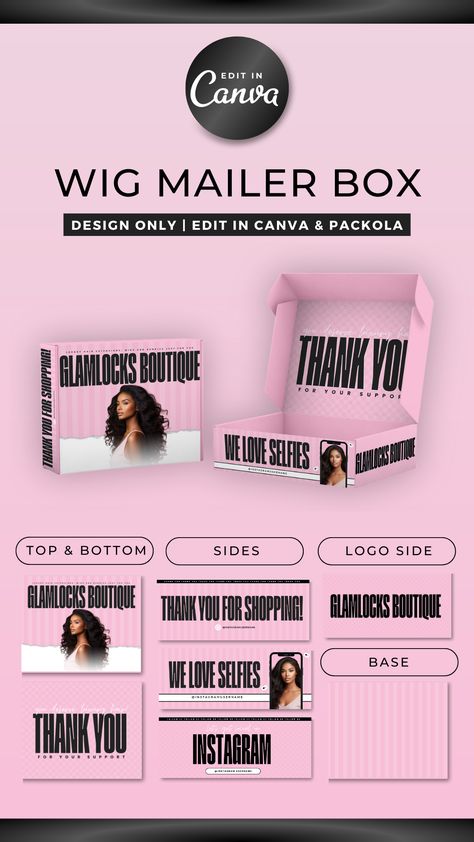 Pink Wig Mailer Box | Lace Front & Bundles Box Packaging Design | DIY Editable In Canva | Custom Packaging Box | Subscription Box Design Wig Packaging Ideas, Wigs Business, Wig Packaging, Mailer Box Design, Wig Products, Box Design Templates, Luxury Aesthetics, Mailer Design, Time Wasted