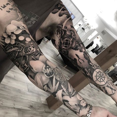 Couple underwater themed sleeve Scuba Diving Tattoo, Ocean Sleeve Tattoos, Underwater Tattoo, Diver Tattoo, Nautical Tattoo Sleeve, Ocean Sleeve, Dove Tattoos, Autumn Tattoo, Octopus Tattoo Design