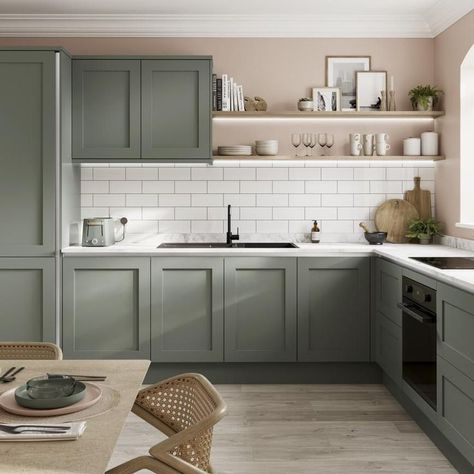 Small Kitchen Colors, Kitchen Cabinets Color Combination, Howdens Kitchens, Sage Kitchen, Green Kitchen Designs, Sage Green Kitchen, Handleless Kitchen, Green Kitchen Cabinets, Kitchen Colour Schemes