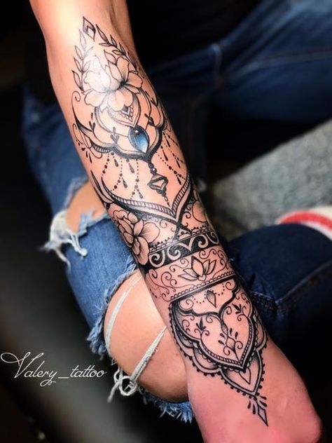 Mandala Sleeve Tattoos For Women, Wrist Arm Tattoos For Women, Shaded Mandala Tattoo, Mandala Half Sleeve Tattoo For Women, Boho Arm Tattoo, Mandala Arm Tattoos For Women, Henna Sleeve Tattoos For Women, Mandala Tattoo Design Women Arm, Women Sleeve Tattoo Ideas Inspiration