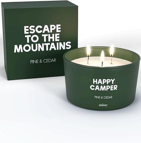 Amazon.com: Happy Camper Candle - Pine and Cedar Scented - 8oz Soy Wax 3 Wick Candle - Escape to The Mountains Home Decor - Camping Gift - Hiking Gift for Friends - Luxury Home Fragrance - Premium Gift Box : Home & Kitchen Candles For Home Decor, Camping Gifts For Him, Bathroom Candles Decor, Neutral Candles, Essential Oil Fragrance Blends, Candle Design, Candle Quotes, Long Lasting Candles, Candle Smells