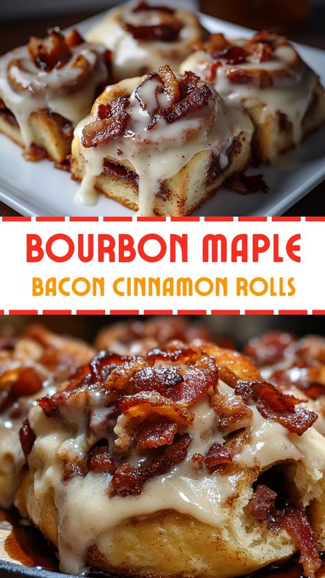 Family Friendly Meals: Bourbon Maple Bacon Cinnamon Rolls Maple Bacon Butter Fan Rolls, Bourbon Maple Bacon Cinnamon Rolls, Cinnamon Rolls With Bacon Inside, Cinnamon Rolls And Bacon, Bourbon Pecan Cinnamon Rolls, Sticky Bun Breakfast Ring, Sweet Breakfast Pastries, Maple Bacon Biscuits, Maple Bacon Cinnamon Rolls Homemade