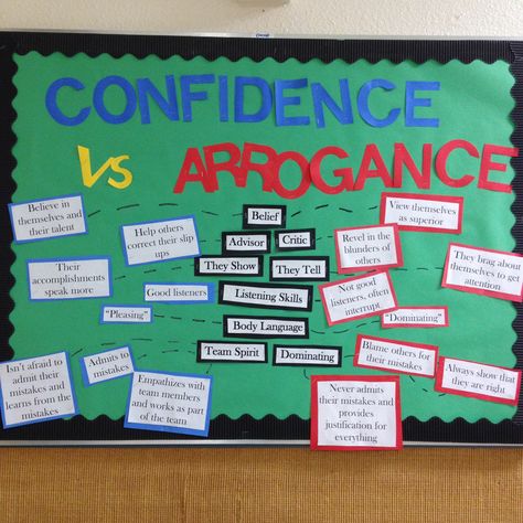 Confidence vs. Arrogance bulletin board Confidence Bulletin Board, Ra Bulletins, Ra Boards, Ra Bulletin Boards, Res Life, Door Tags, Bulletin Board Ideas, Good Listener, Life Ideas