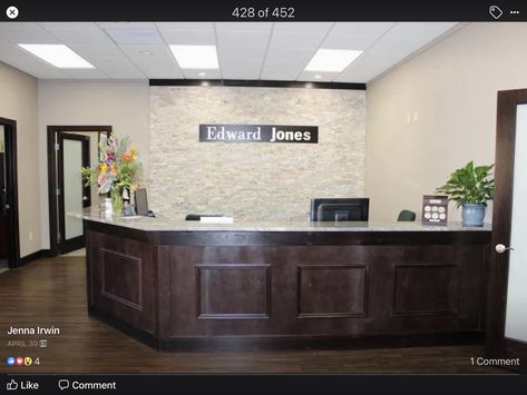 Cpa Office Design, Law Office Reception Area, Law Office Reception, Rbt Therapy, Financial Advisor Office, Real Estate Office Ideas, Front Desk Ideas, Edward Jones Office, Farm Office Decor