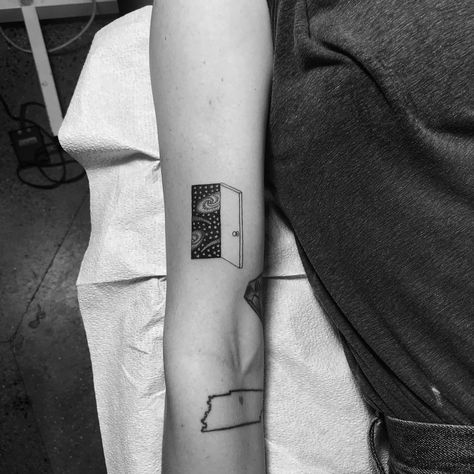 Cosmic door tattoo on the right forearm Door Tattoo, Square Tattoo, Aesthetic Tattoos, Small Door, Sketch Tattoo Design, Black Ink Tattoos, 문신 디자인, Simplistic Tattoos, Popular Tattoos