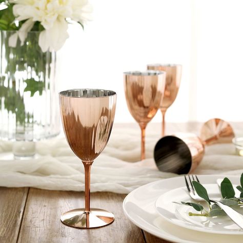 Set of 6 | 8Oz Metallic Premium Disposable Wine Glasses, Stemmed Wine Goblets - Rose Gold | Blush Plastic Kitchenware, Disposable Wine Glasses, Classy Glasses, Plastic Wine Glasses, Plastic Glasses, Girl Baptism, Plastic Cutlery, Metallic Rose Gold, Holiday Dining