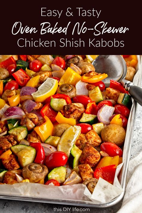 Craving flavorful chicken kabobs but don’t want to take the time to put everything on skewers or grill them? Make these baked chicken kabobs in oven without skewers! Baking your chicken kabobs with all the seasoned vegetables on a sheet pan is a healthy and easy meal. This chicken and veggies meal is nutritious and sure to be popular on your family’s dinner rotation - with only 15 minutes of prep! Chicken Bake Sheet Pan, Chicken And Potato Sheet Pan Recipes, Sheet Pan Shish Kabobs, Sheet Chicken And Veggies, Kabobs Chicken, Grilled Sheet Pan Dinners, Chicken Kabobs Oven, Sheet Pan Chicken Kabobs In The Oven, Chicken Kabob Sheet Pan