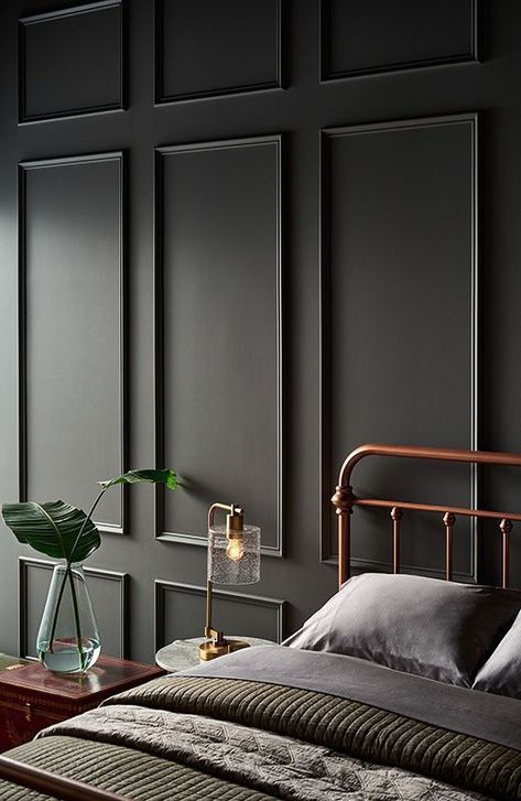 a chic vintage bedroom with a black paneled wall for an accent and some vintage furniture feels and looks very calm Wainscoting Kits, Best Gray Paint, Revere Pewter, Painting Colors, Grey Paint, Interior Painting, Dark Interiors, Interior Paint Colors, Bedroom Paint