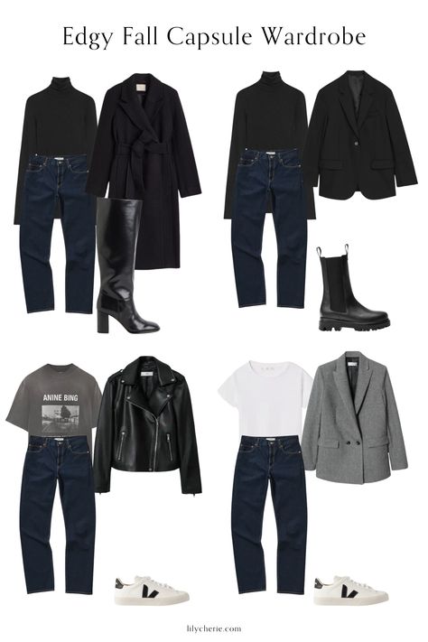 Rocker Capsule Wardrobe, Edgy Chic Outfits, Fall Capsule Wardrobe 2022, Edgy Chic Style, Edgy Capsule Wardrobe, Fall Capsule Wardrobe 2023, Edgy Classic Style, Black Capsule Wardrobe, Capsule Wardrobe 2023