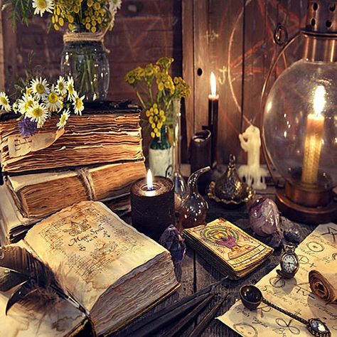 The desk of a witch or alchemist. Mystic Backgrounds, Black Magic Spells, Magic Spell Book, Witch Books, Magic Aesthetic, Magnum Opus, The Emotions, Fortune Telling, Witch Aesthetic