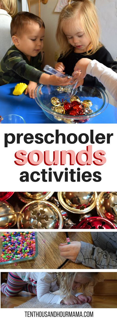 Toddler preschool sounds theme and activities for homeschool - ideas for sensory play. Ten Thousand Hour Mama Infant Sound Activities, Exploring Sound Preschool, Music Themed Sensory Bin, Letter Sound Sensory Activities, Smelling Games Sensory Activities, Theme Activity, Homeschool Lesson, Preschool Toys, Diy Activities