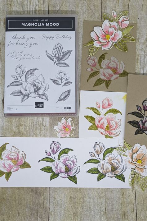 trying different ways to color the magnolia, all look so nice! see more in my video. Stampinup Magnolia Mood, Su Magnolia Mood Cards, Su Magnolia Mood, Stampin Up Magnolia Mood Cards, Stampin Up Magnolia Mood, Magnolia Mood Stampin Up Cards, Mood 2024, Flower Magnolia, Mood Card