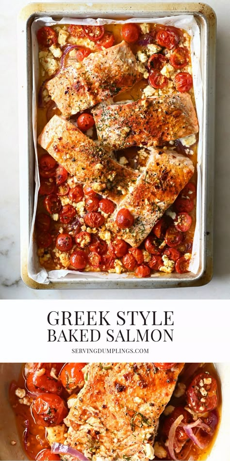 Greek Baked Salmon, Mediterranean Diet Recipes With Salmon, Salmon Recipes Tomato, Greek Baked Fish, Mediterranean Style Recipes, Baked Salmon With Tomatoes, Mediterranean Salmon Bake, Greek Tray Bake, Salmon Recipes Baked Mediterranean