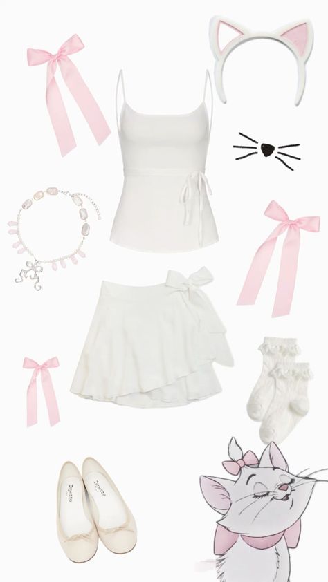 Halloween Pink Costume, Pink Costume Halloween, Pink Coquette Outfit, Marie From Aristocats, Halloween Rave Outfits, Easy Halloween Outfit, Pink Halloween Costumes, Halloween Coquette, Cute Group Halloween Costumes