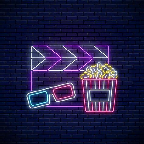 Neon sign of cinema night. cinema time n... | Premium Vector #Freepik #vector #background #logo #banner #poster Night Cinema, Neon Logo, Neon Sign, Popcorn, Neon, Wall, Instagram