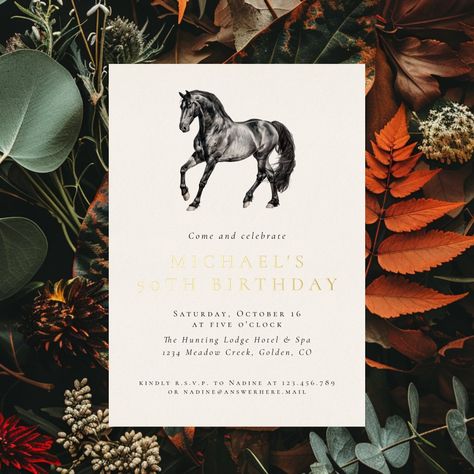 Elegant Horse Equestrian Adult Birthday Foil Invitation Equestrian Birthday, Equestrian Party, Party Planning Guide, Elegant Horse, Equestrian Aesthetic, Horses Theme, Horse Party, Birthday Party Invitation Templates, Friesian Horse